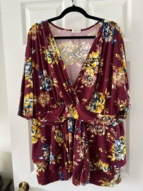 Kiyonna Plum Floral Tie-Front Top